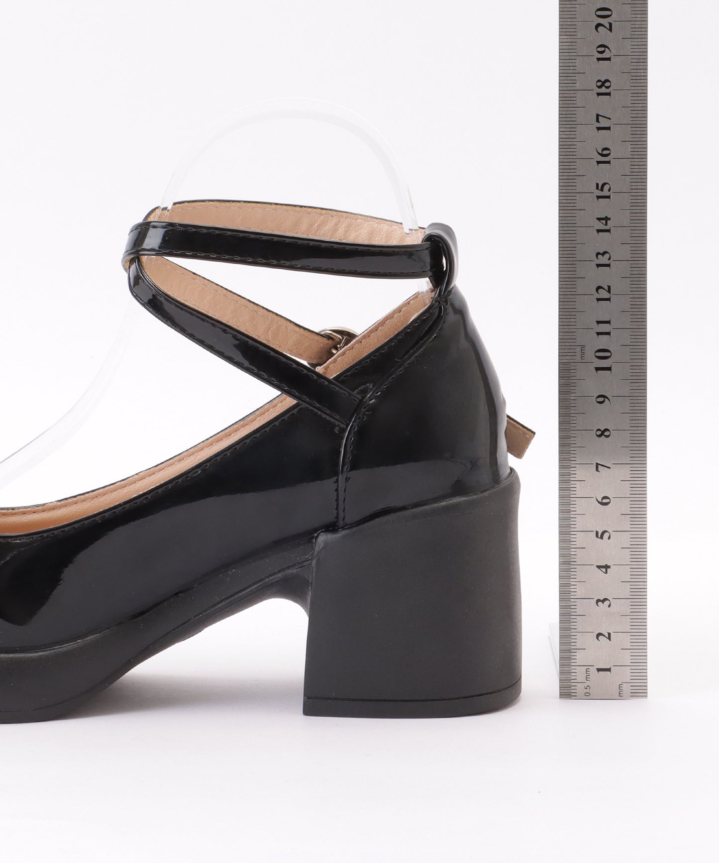 レザー調 厚底 ストラップ ボリューム パンプス