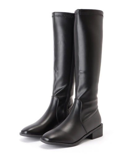 レザー調ローヒールサイドファスナーブーツ