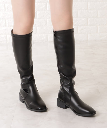 レザー調ローヒールサイドファスナーブーツ
