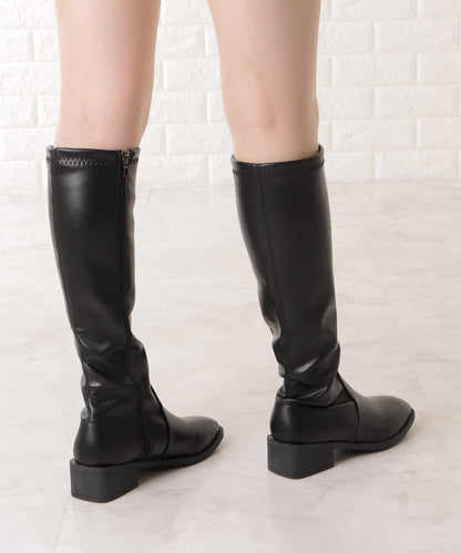 レザー調ローヒールサイドファスナーブーツ