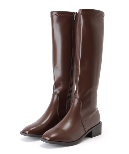 レザー調ローヒールサイドファスナーブーツ