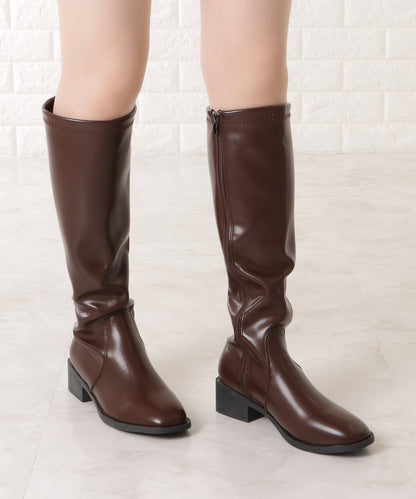 レザー調ローヒールサイドファスナーブーツ