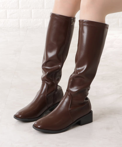 レザー調ローヒールサイドファスナーブーツ