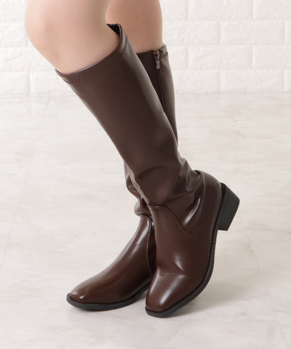 レザー調ローヒールサイドファスナーブーツ