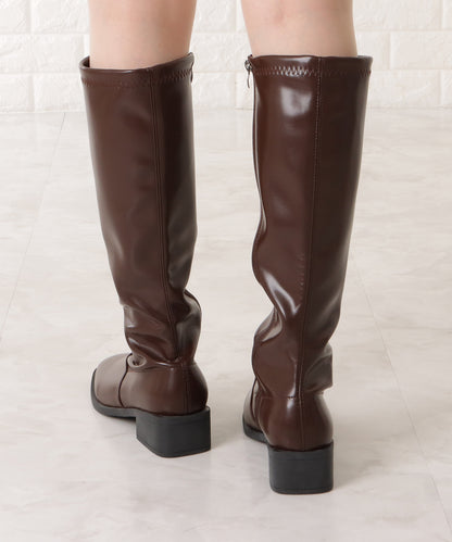 レザー調ローヒールサイドファスナーブーツ