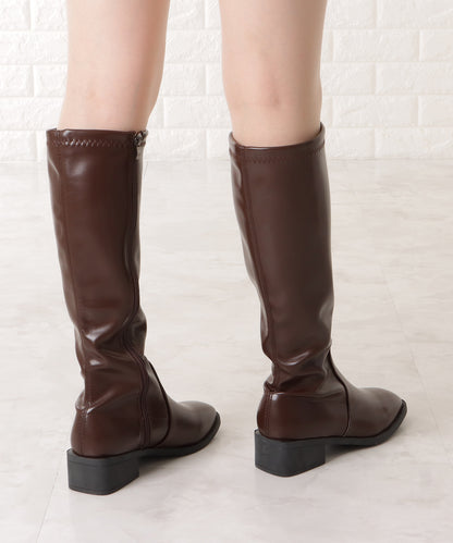 レザー調ローヒールサイドファスナーブーツ