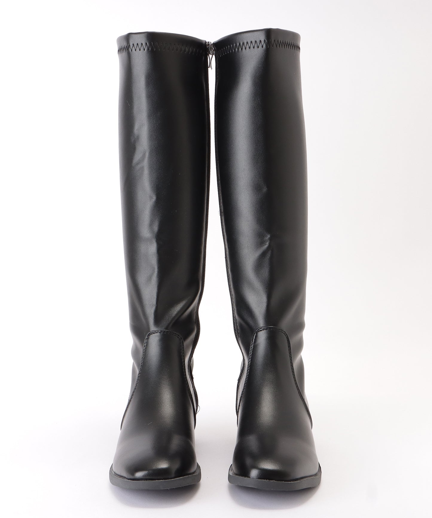 レザー調ローヒールサイドファスナーブーツ