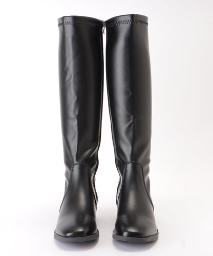 レザー調ローヒールサイドファスナーブーツ