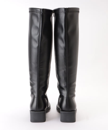 レザー調ローヒールサイドファスナーブーツ