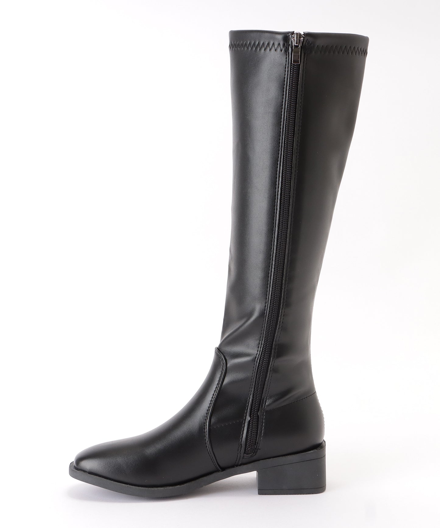 レザー調ローヒールサイドファスナーブーツ