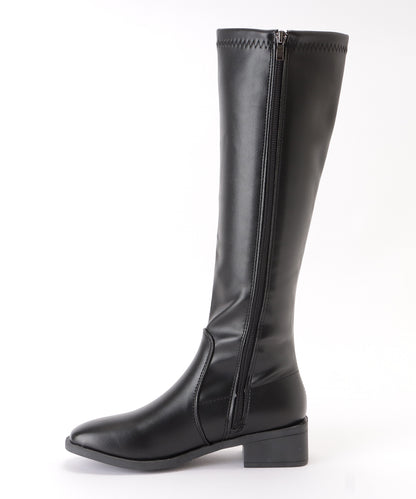 レザー調ローヒールサイドファスナーブーツ