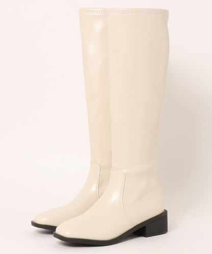 レザー調ローヒールサイドファスナーブーツ