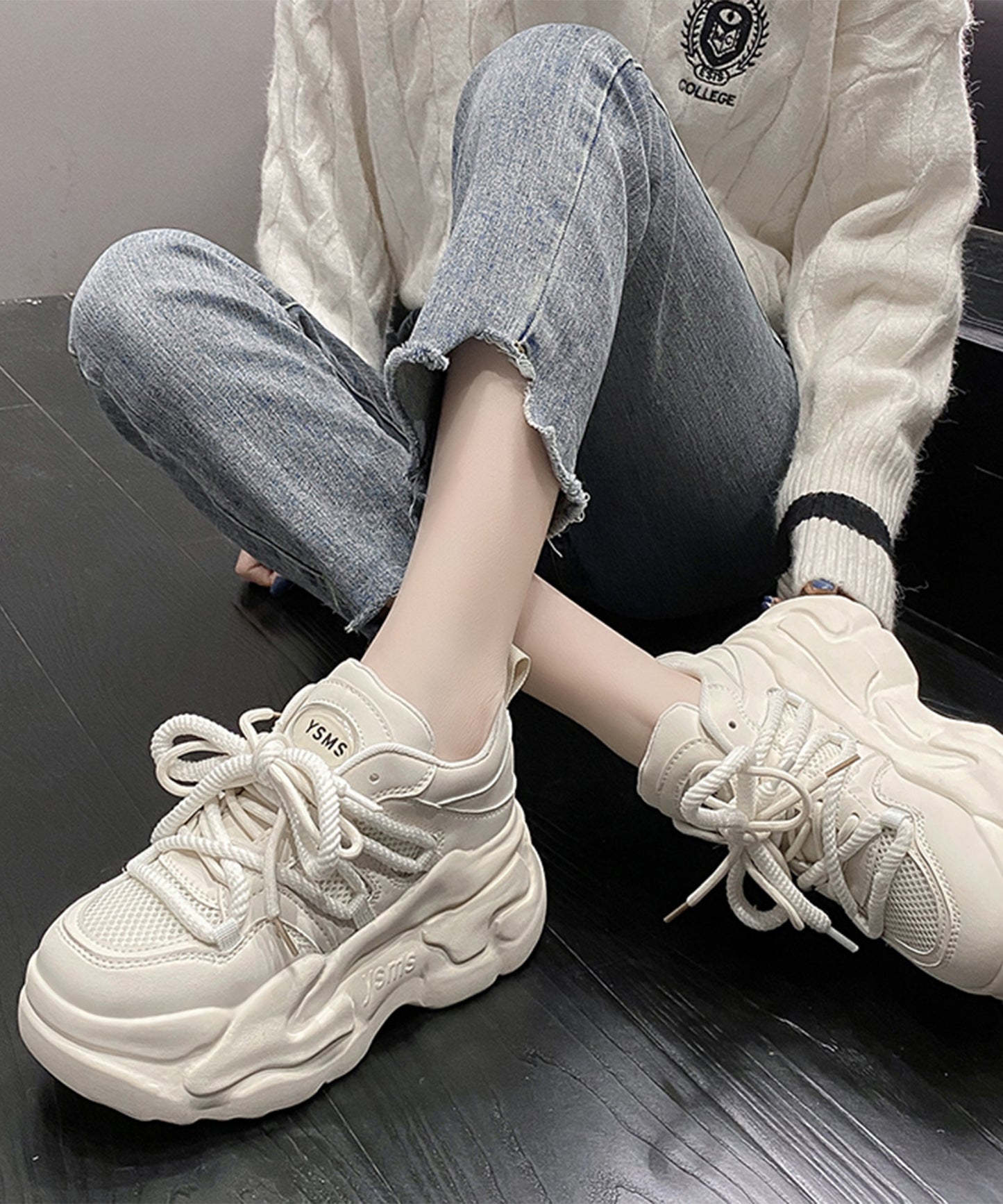 メッシュ ワイド レースアップ 超厚底 アグリーシューズ