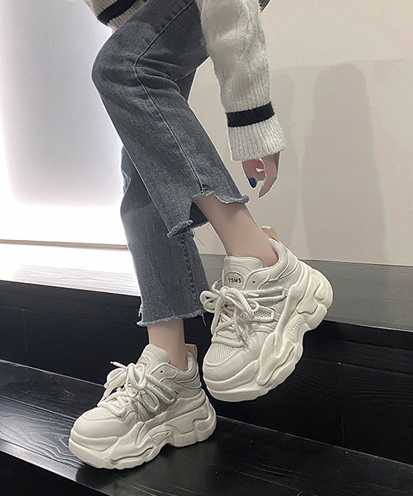 メッシュ ワイド レースアップ 超厚底 アグリーシューズ