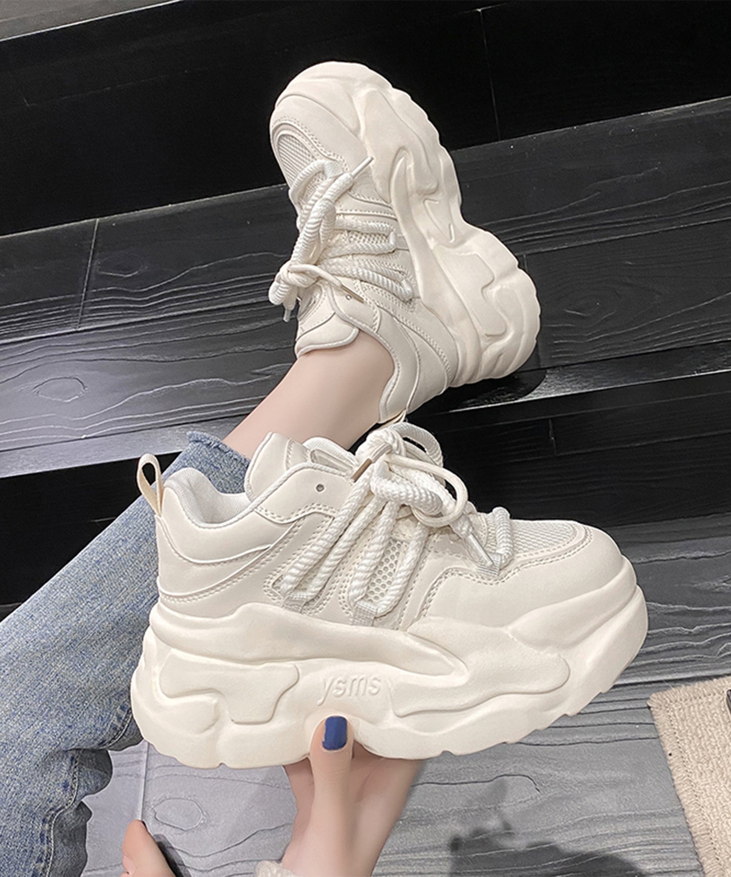 メッシュ ワイド レースアップ 超厚底 アグリーシューズ