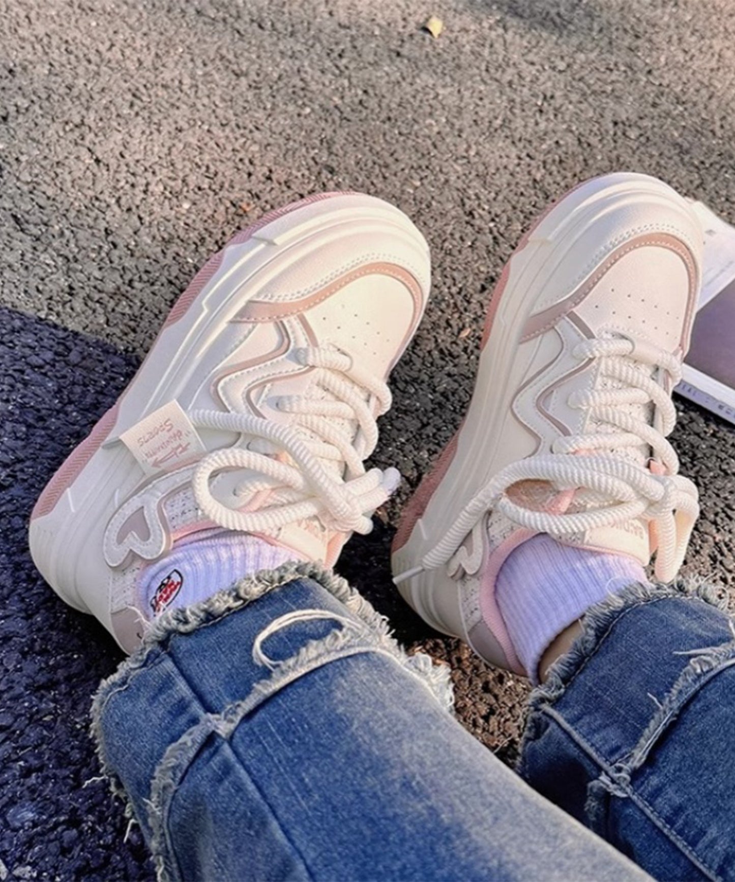 配色 ウエーブ ライン レースアップ アグリーシューズ