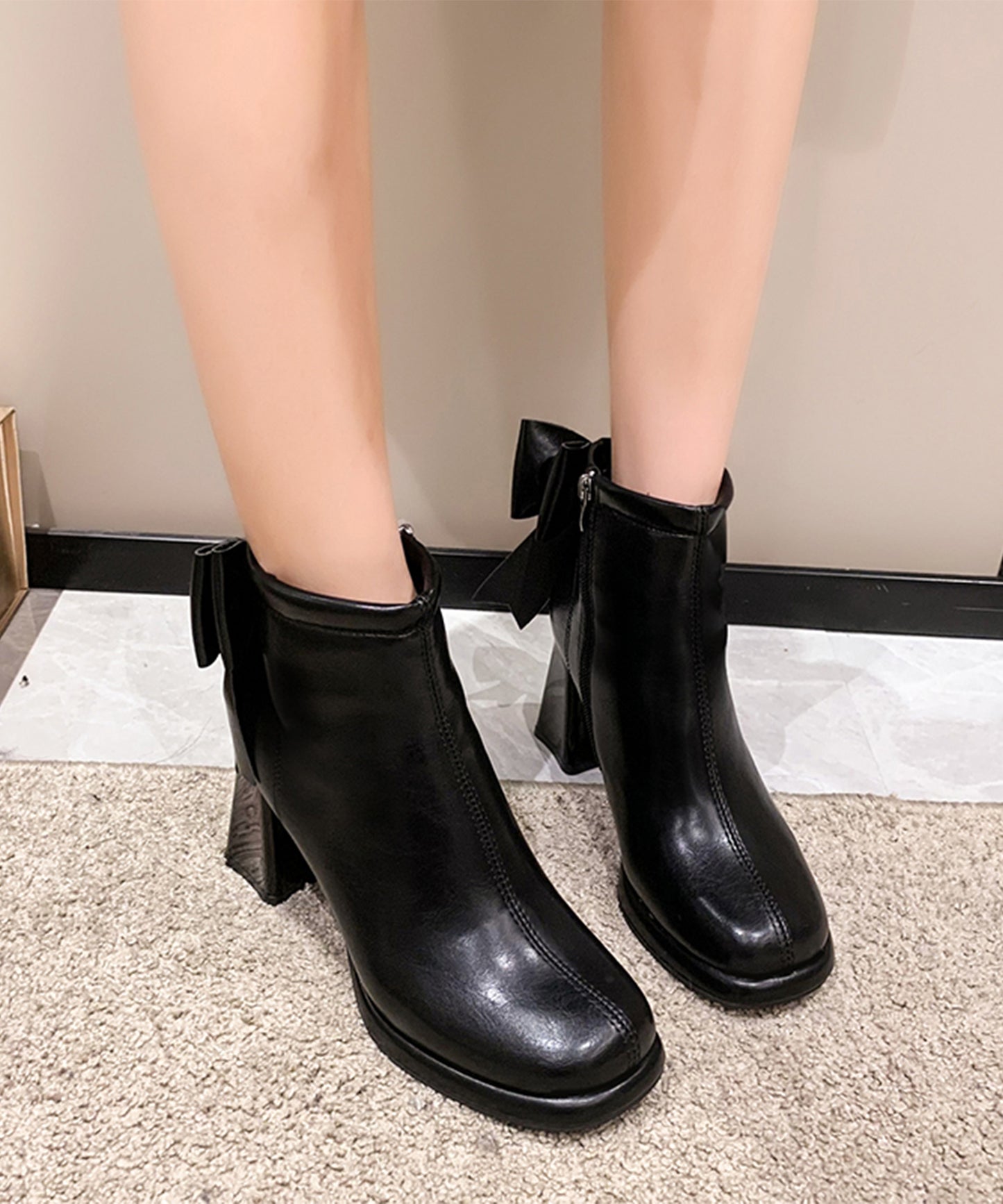 バック リボン チャンキー ショート ブーツ