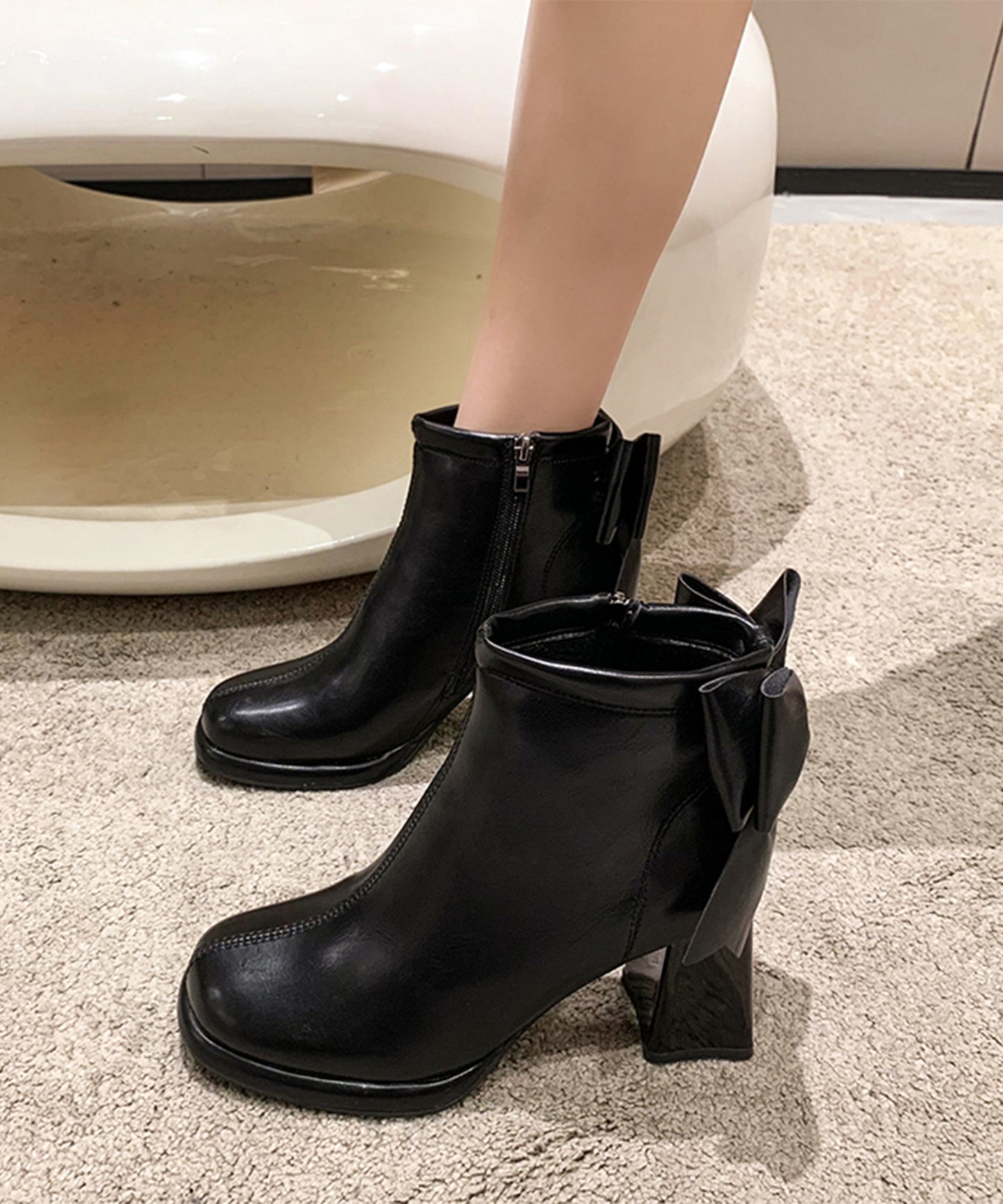 バック リボン チャンキー ショート ブーツ
