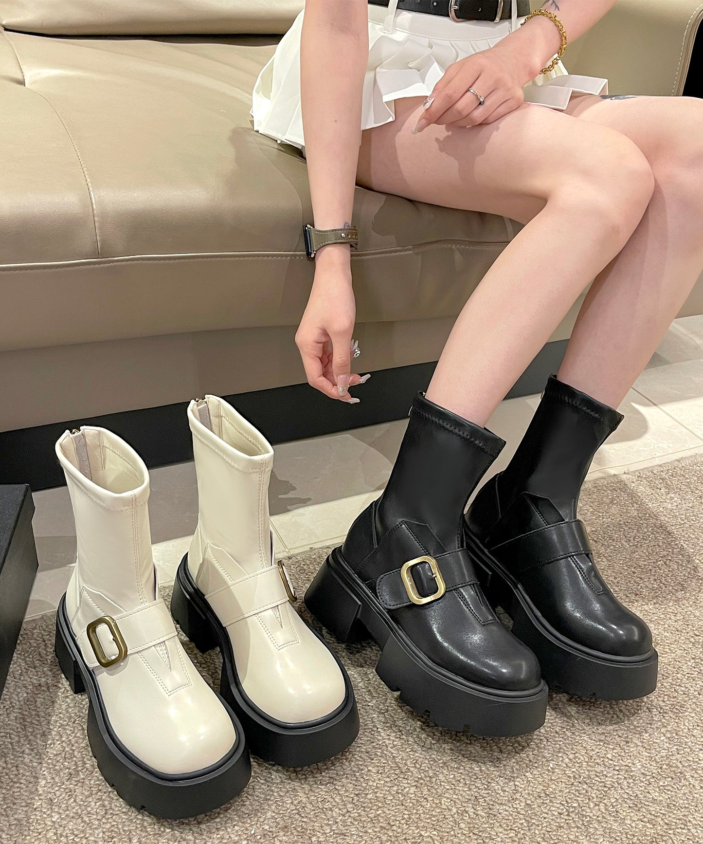 ベルト付き 厚底 フラット ショート ブーツ
