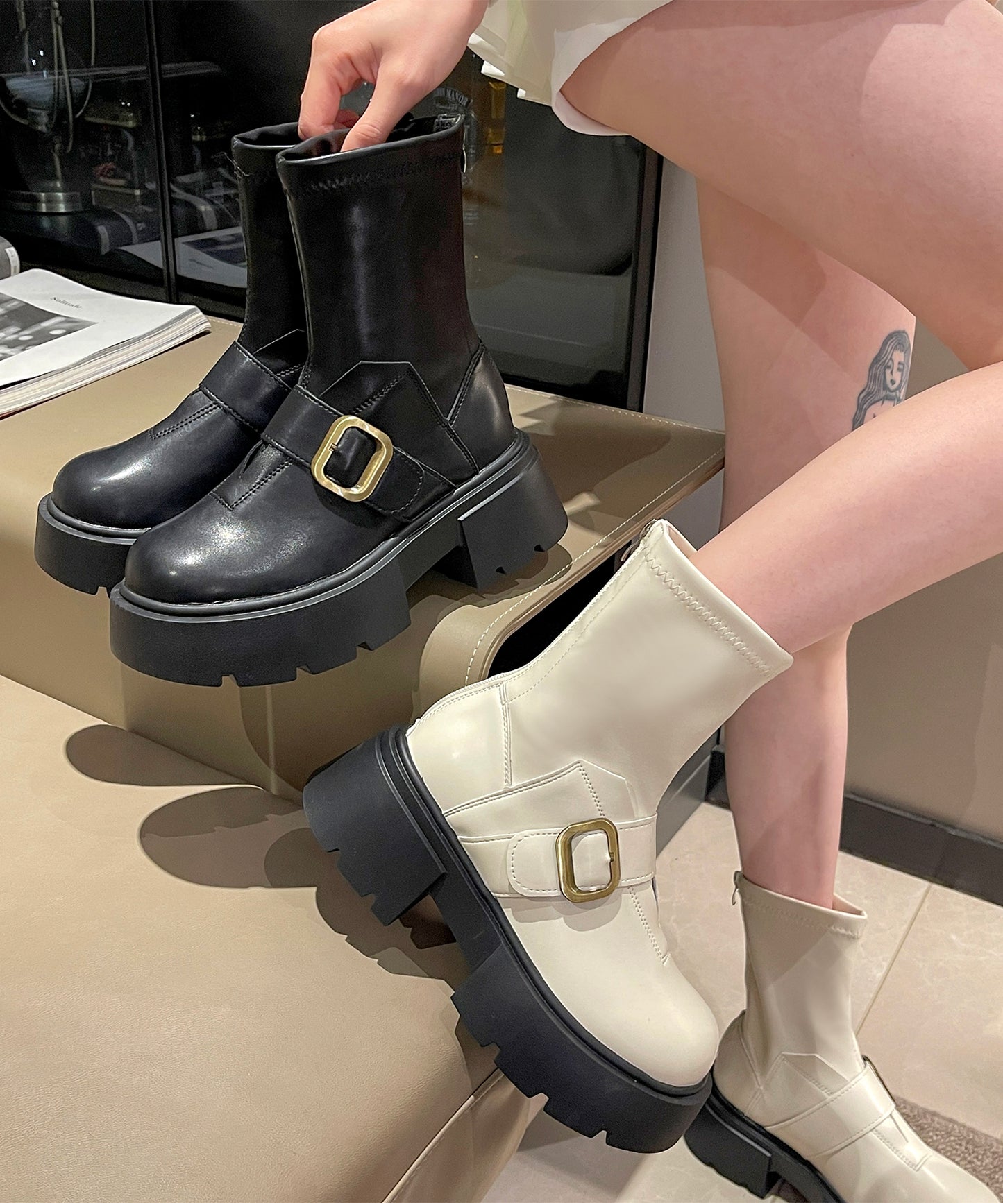 ベルト付き 厚底 フラット ショート ブーツ