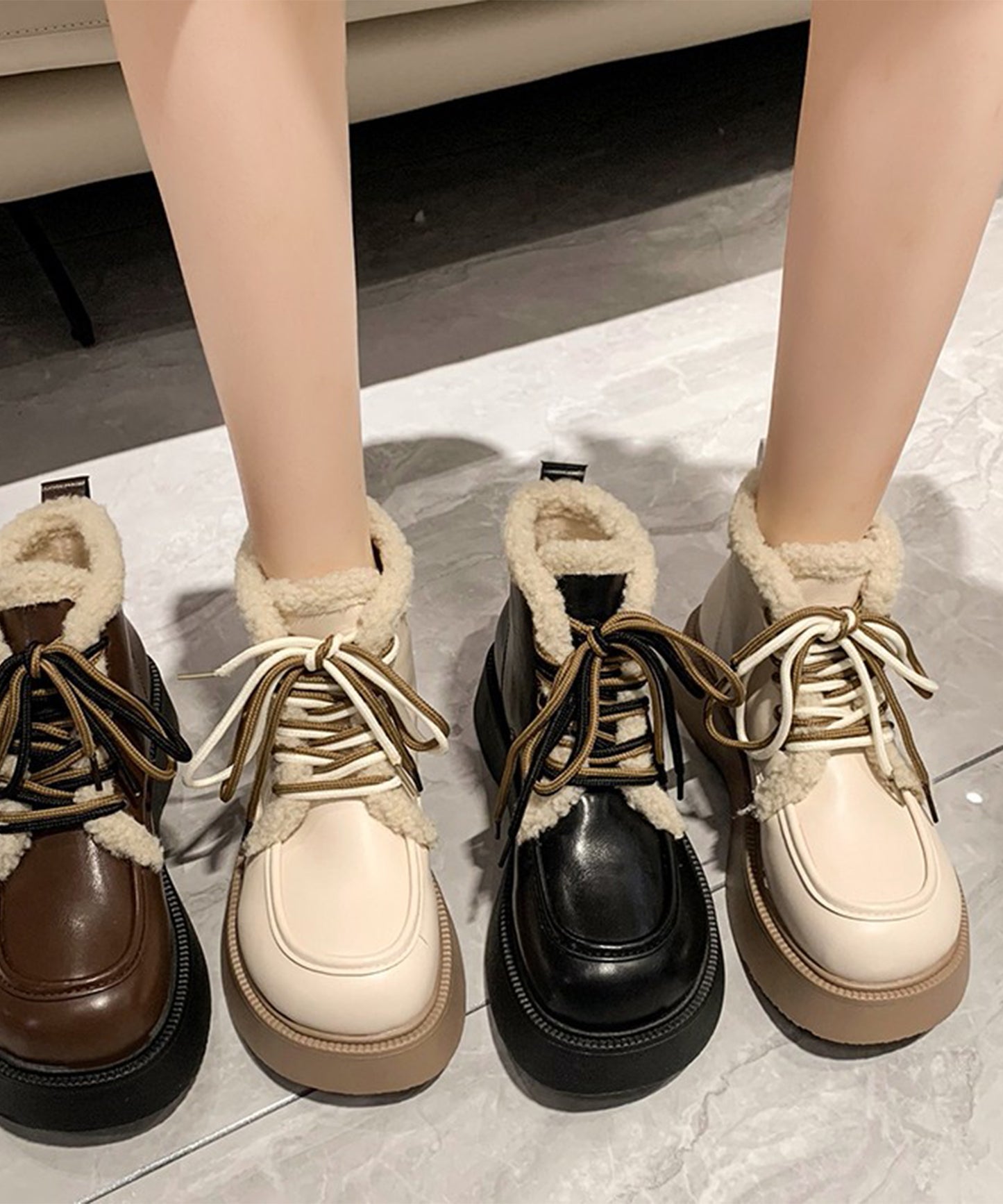 配色 レースアップ 裏ボア 厚底 ショート ブーツ