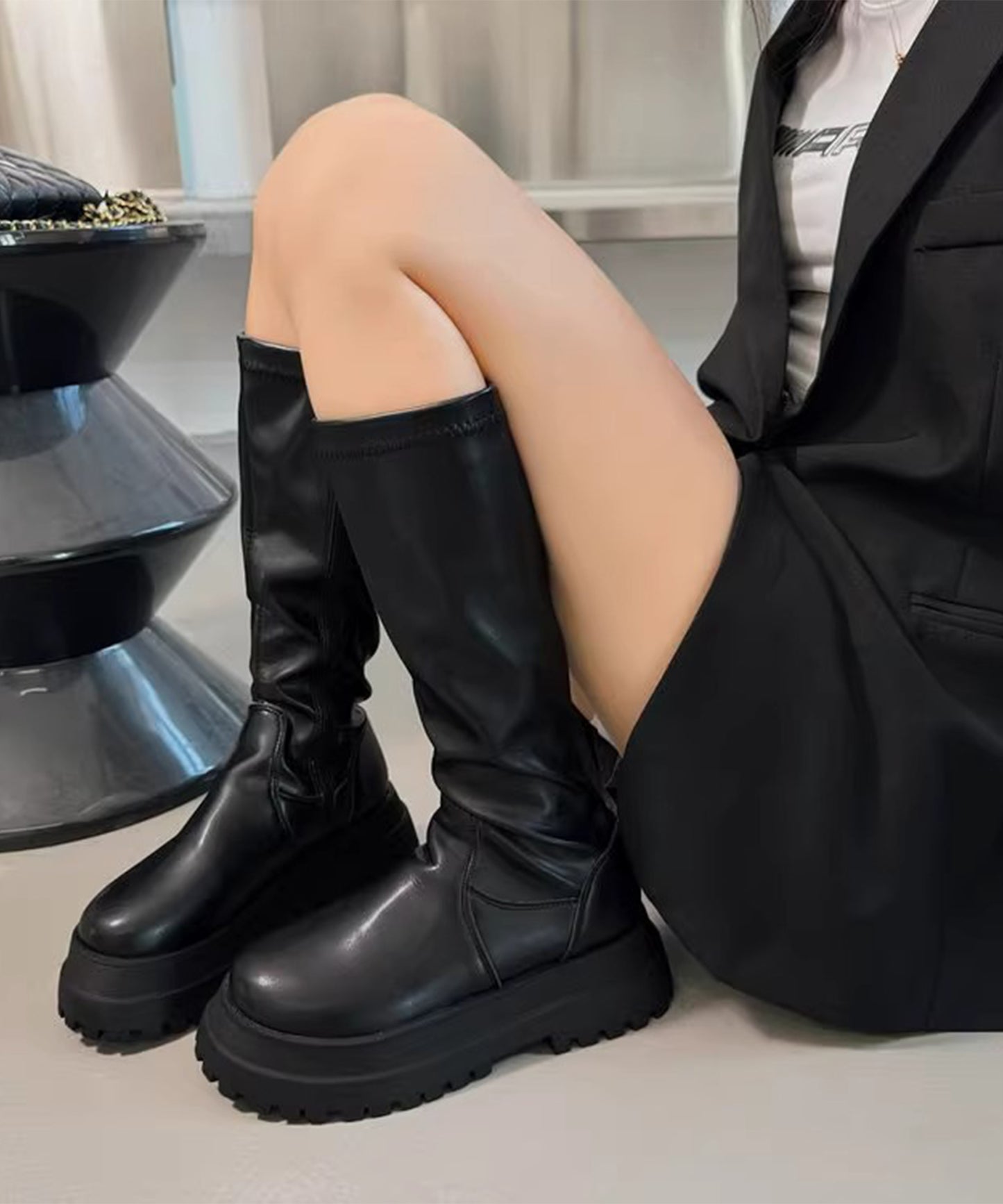レザー調 トラックソール ストレッチ 厚底 ロング ブーツ