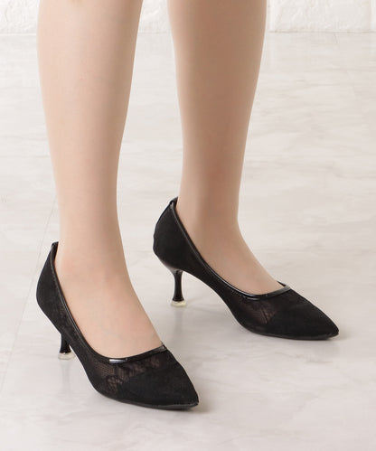 総レースポインテッドピンヒールパンプス