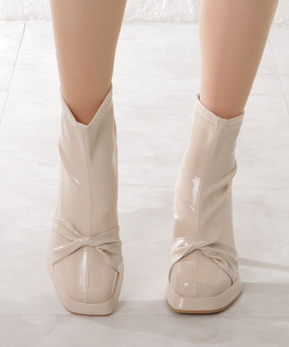 レザー調ねじりリボンスクエアショートブーツ