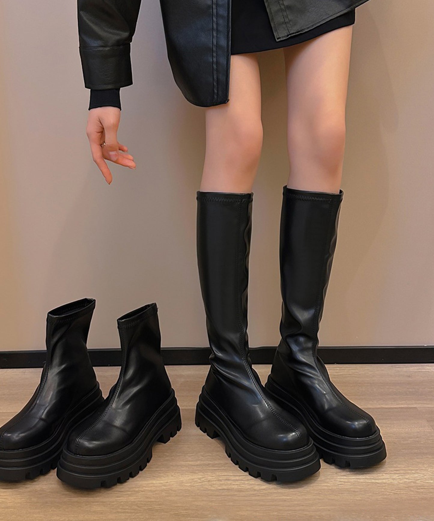ショート/ロング ボリュームソールベーシックレザー調ブーツ ショートブーツ