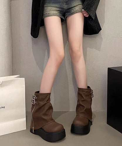 ファスナー付きカバー風厚底ミドルブーツ