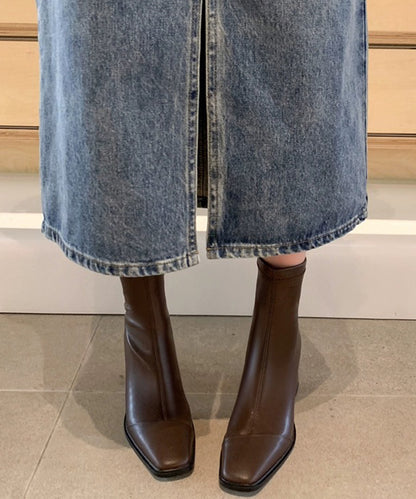 レザー調スクエアトゥセンターステッチショートブーツ