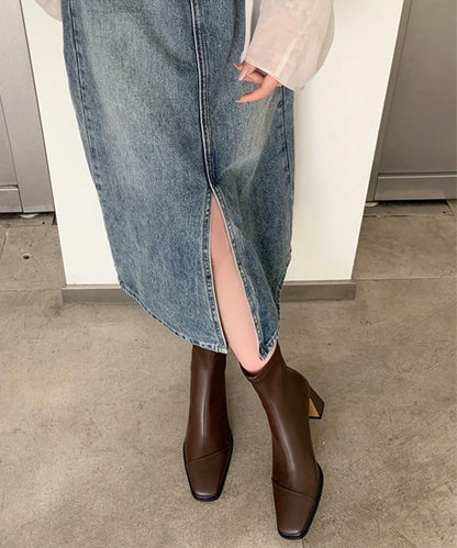 レザー調スクエアトゥセンターステッチショートブーツ