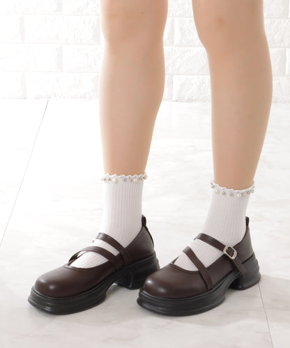 厚底 ダブル ストラップ ボリューム パンプス