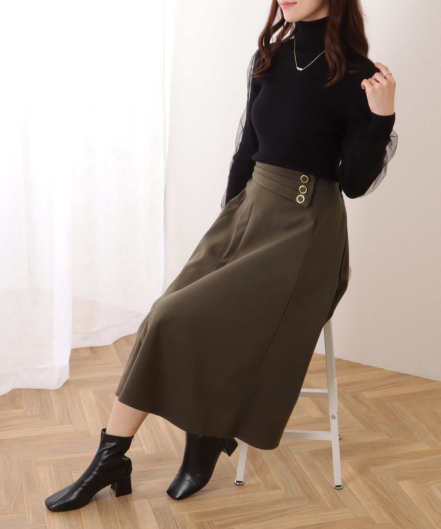 アシンメトリー ボタン ミモレ丈 Aライン スカート