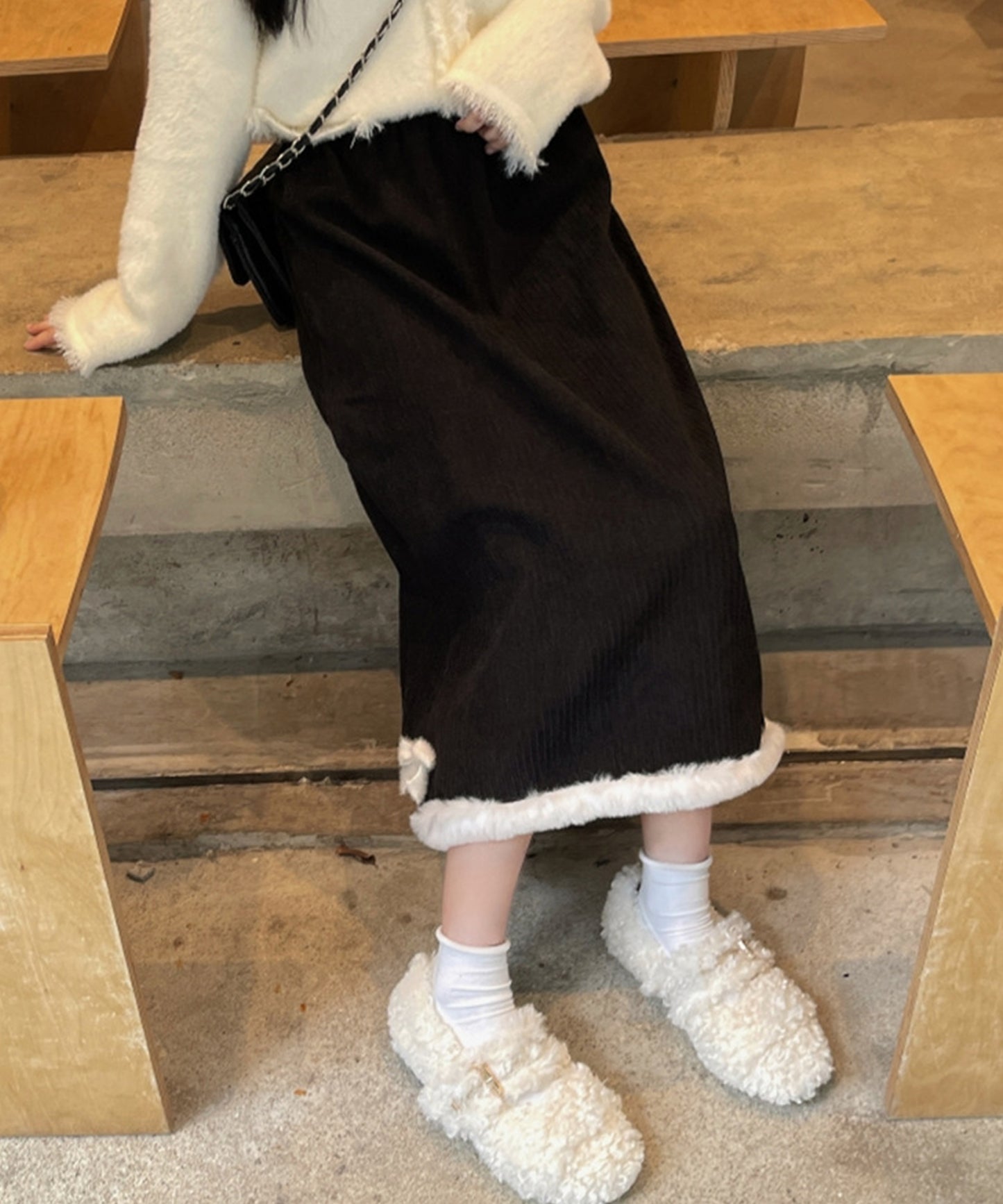 裏起毛 ファー付き コーデュロイ イージー スカート