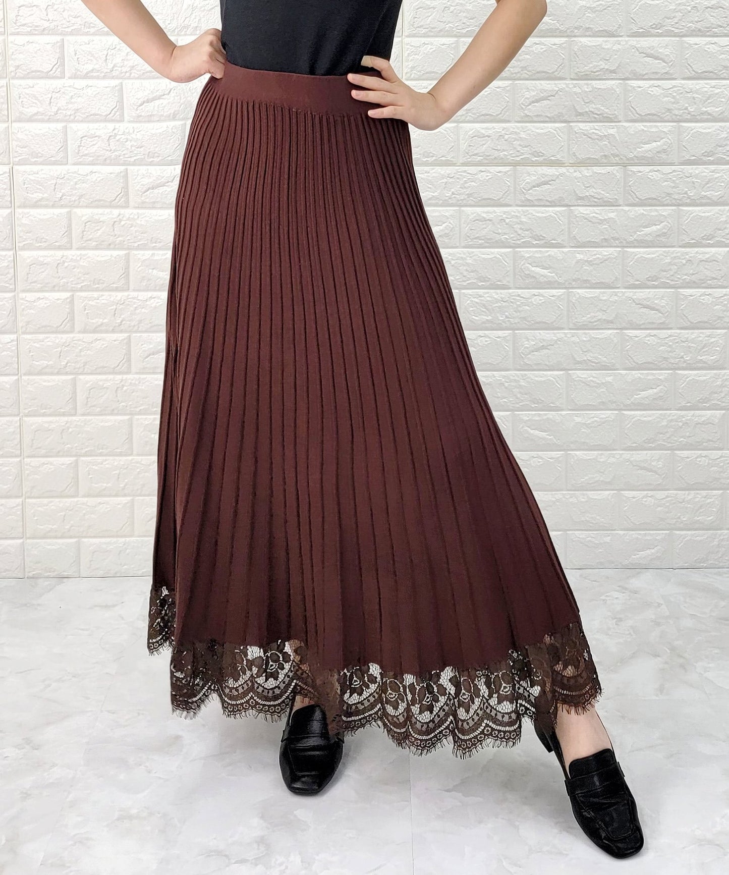 リブ ニット 裾レース ロングスカート