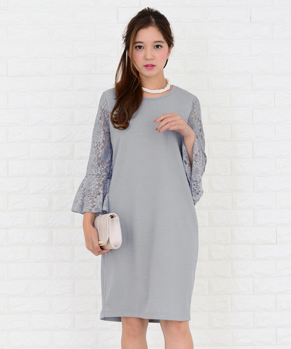 レースフリル長袖膝丈ドレス・ワンピース