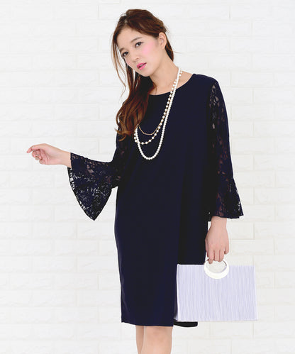 レースフリル長袖膝丈ドレス・ワンピース
