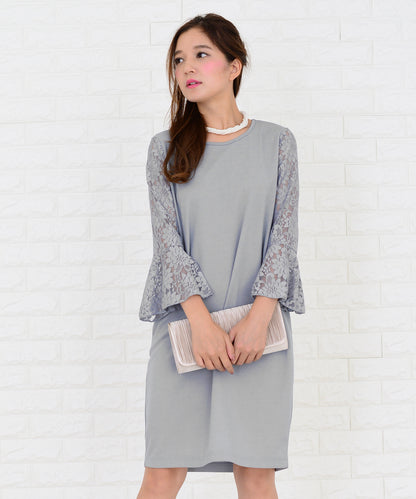 レースフリル長袖膝丈ドレス・ワンピース