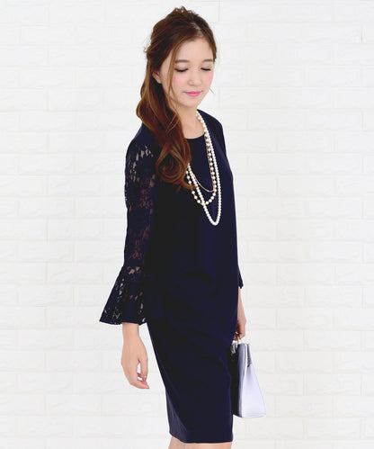 レースフリル長袖膝丈ドレス・ワンピース