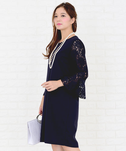 レースフリル長袖膝丈ドレス・ワンピース