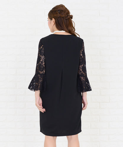 レースフリル長袖膝丈ドレス・ワンピース