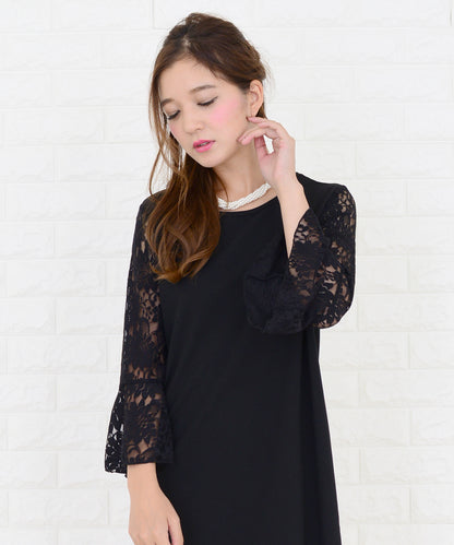 レースフリル長袖膝丈ドレス・ワンピース