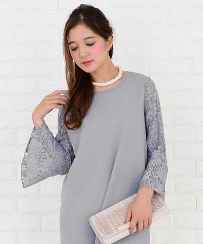 レースフリル長袖膝丈ドレス・ワンピース