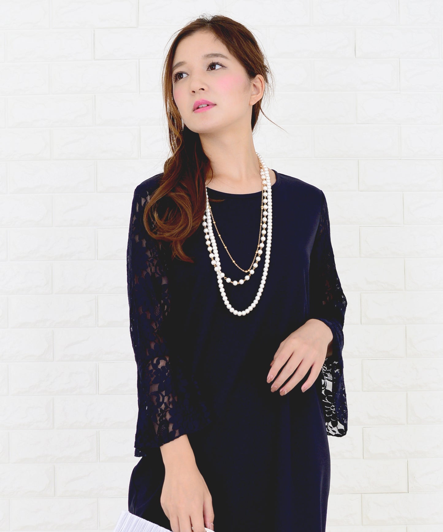 レースフリル長袖膝丈ドレス・ワンピース