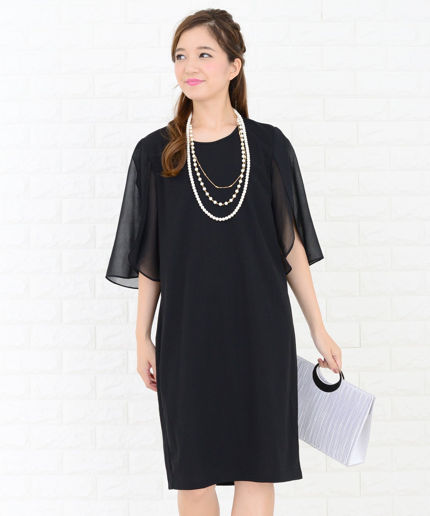 シースルーフリル袖膝丈ドレス・ワンピース