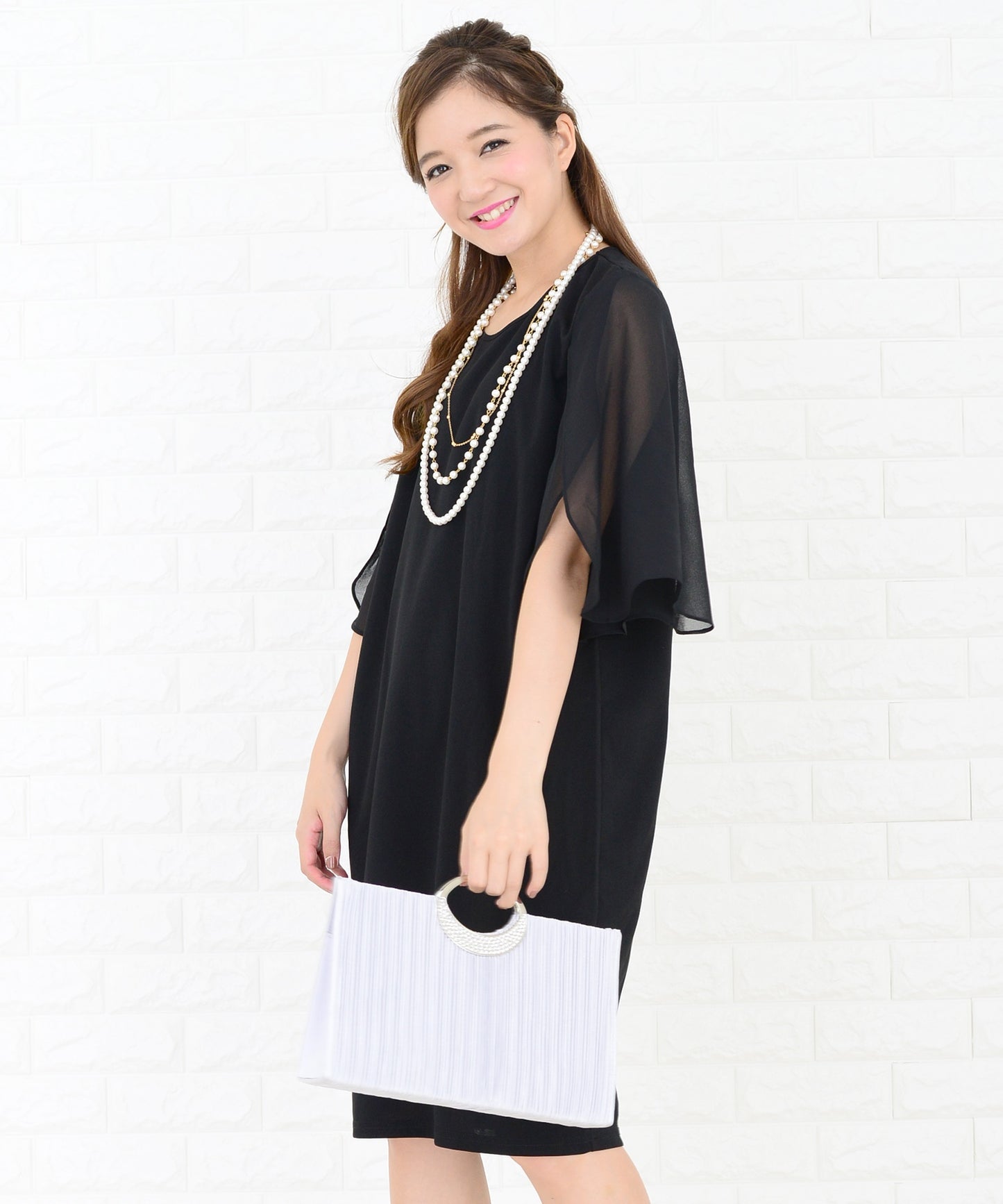 シースルーフリル袖膝丈ドレス・ワンピース