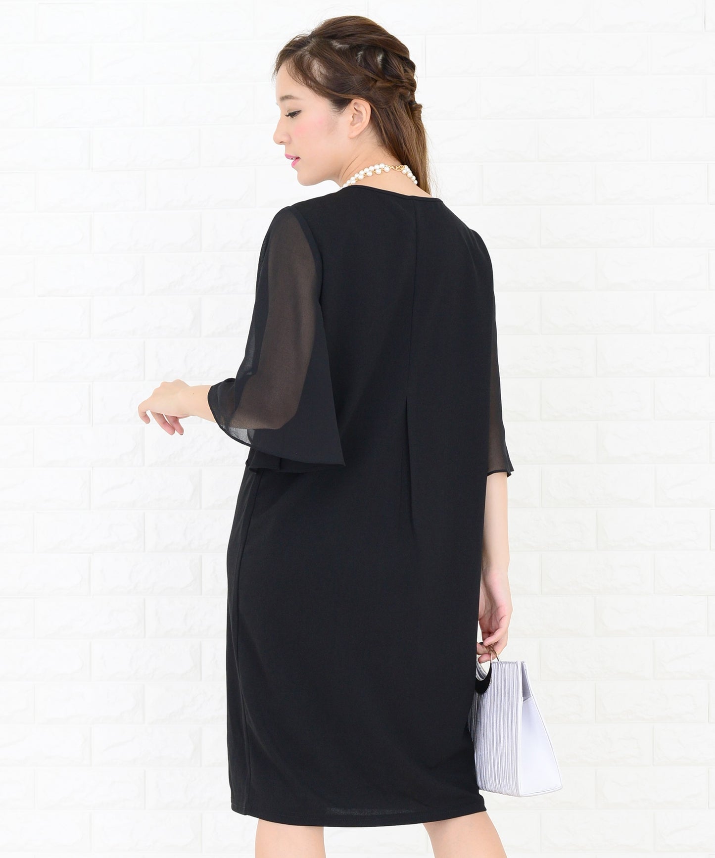 シースルーフリル袖膝丈ドレス・ワンピース