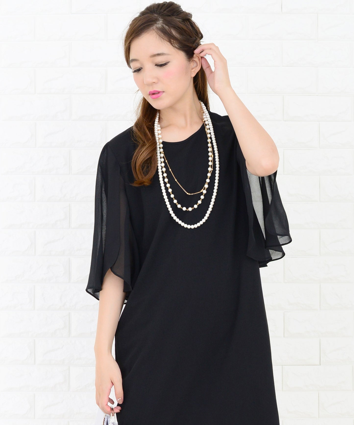 シースルーフリル袖膝丈ドレス・ワンピース