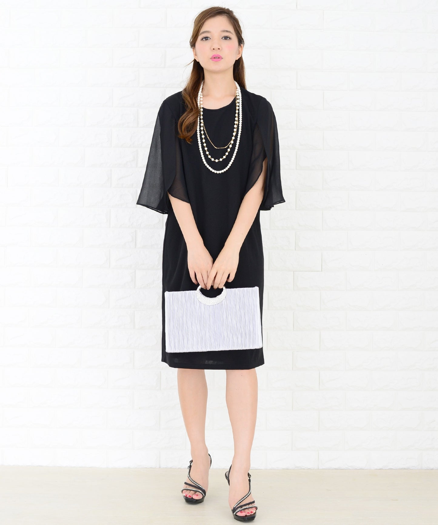 シースルーフリル袖膝丈ドレス・ワンピース